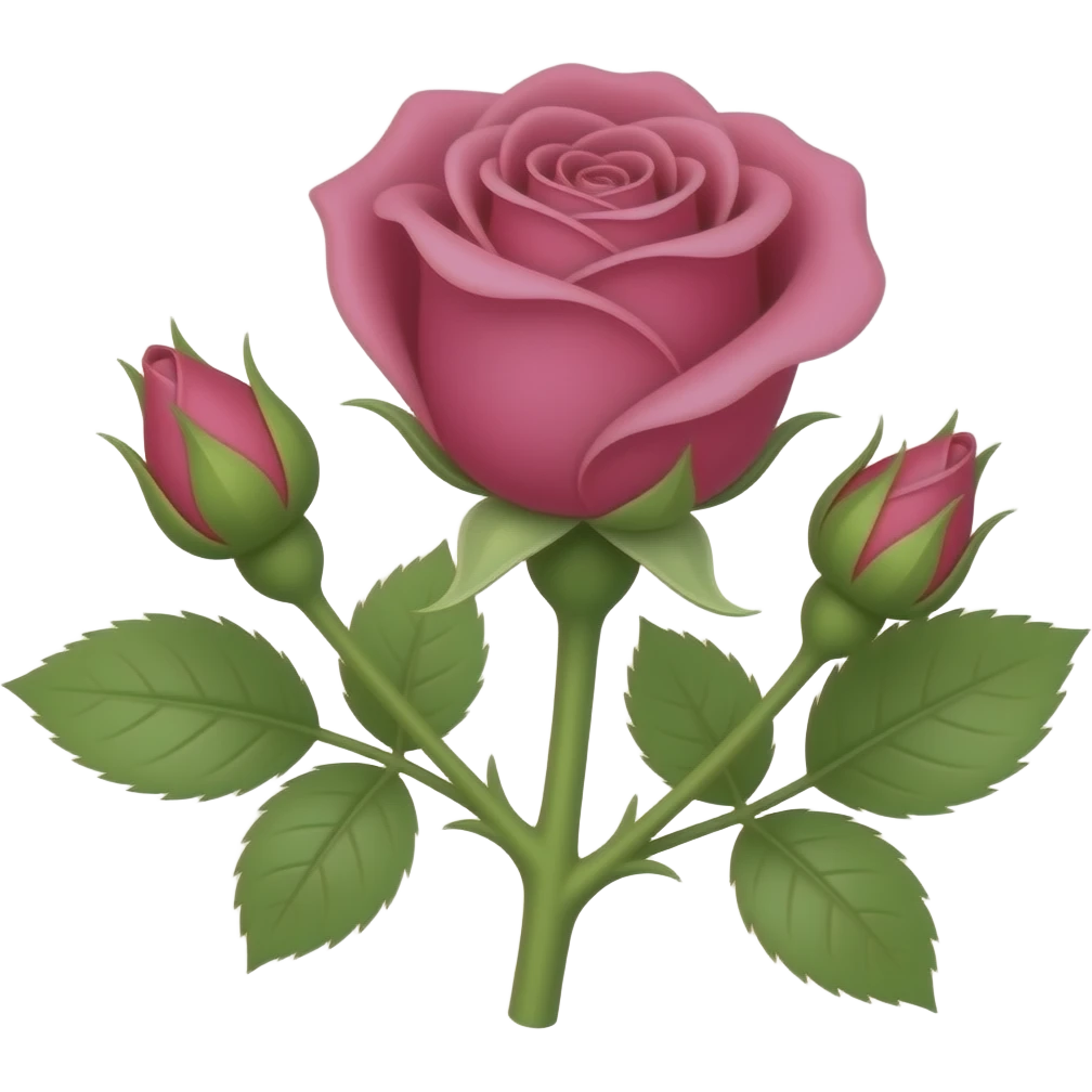 Realistic 3D emoji icon of a small garden rose branch, closed round ...