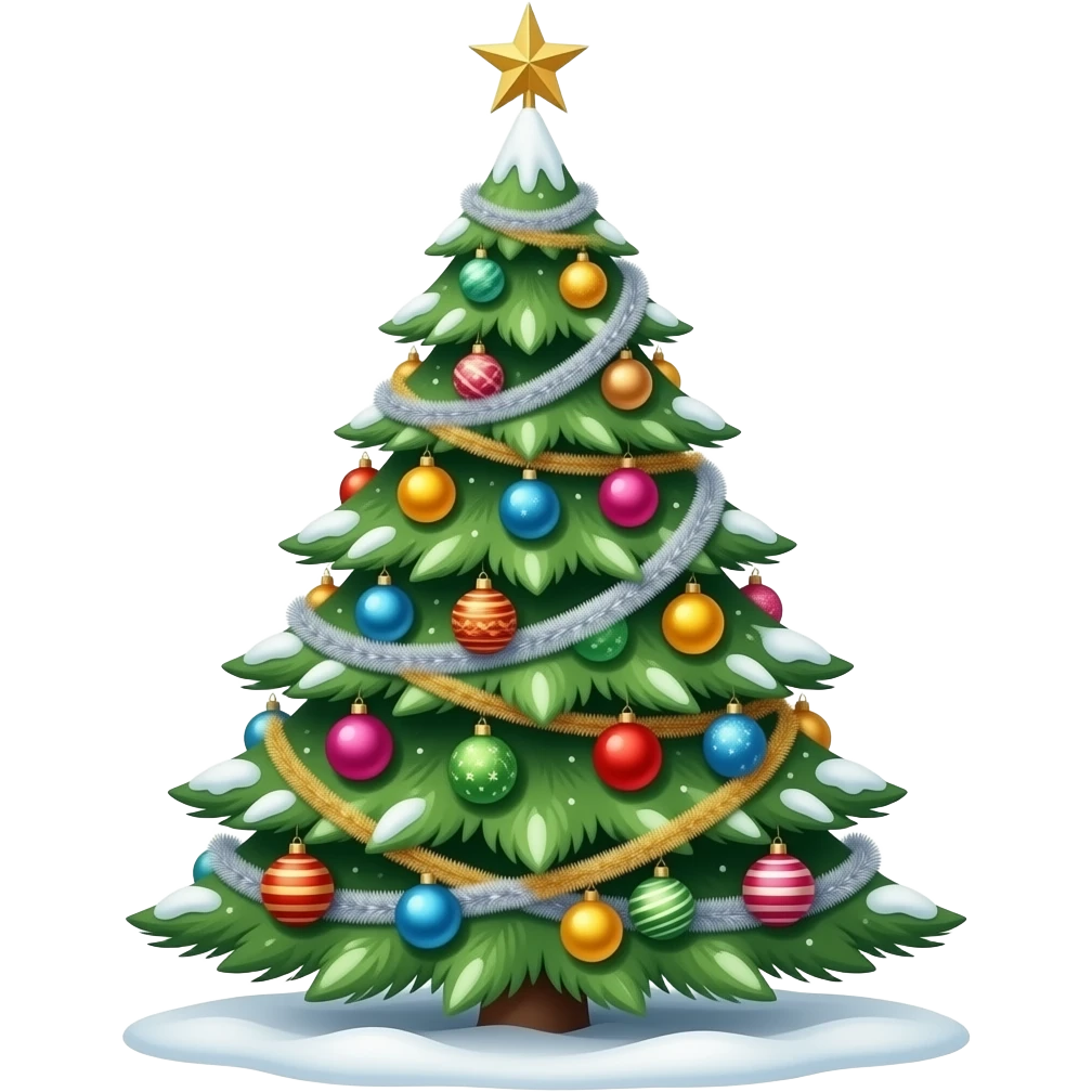 Highly detailed Christmas tree with ornaments, and silver and gold garland, and snow emoji