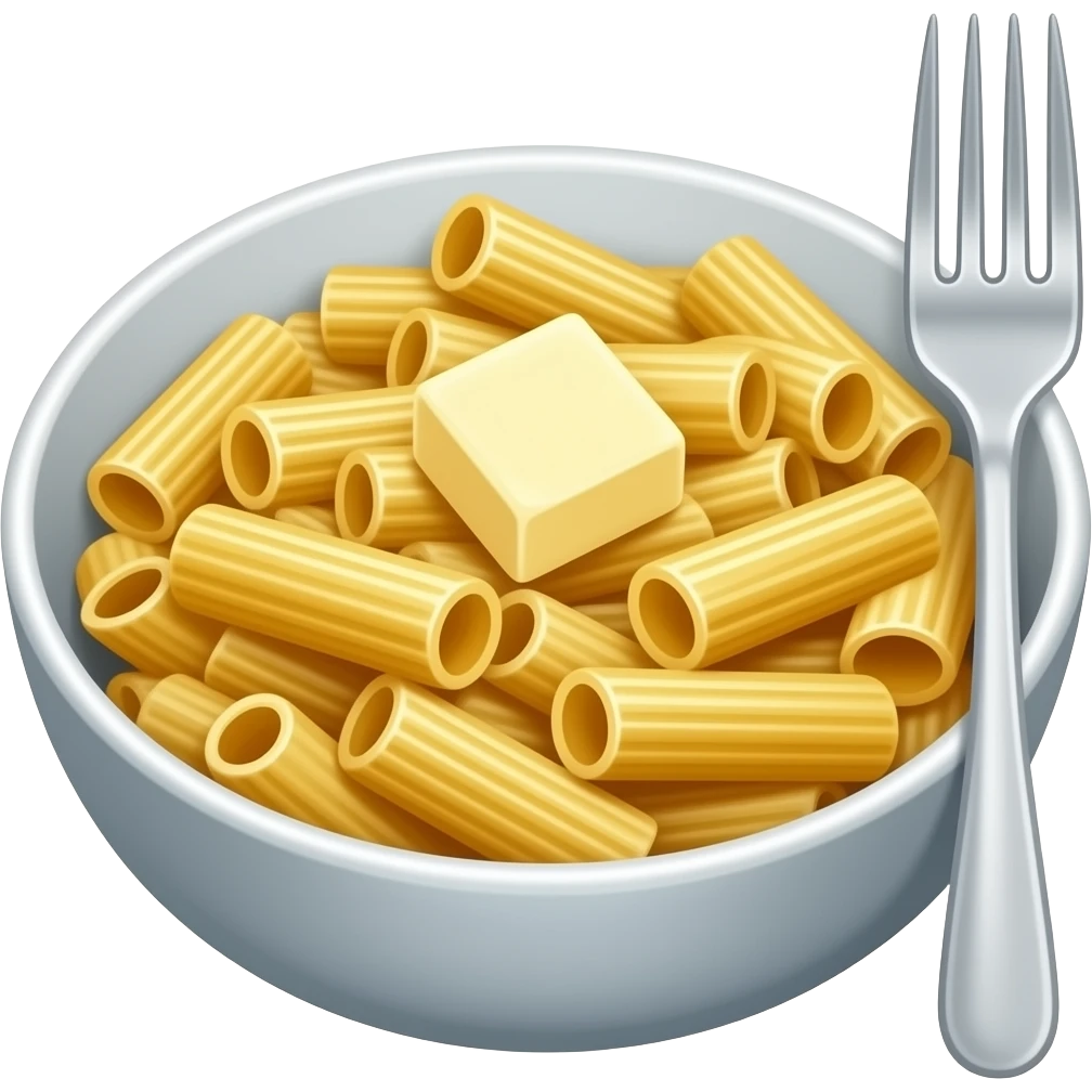 Rigatoni noodles in a bowl with a cube of butter on top and a fork emoji