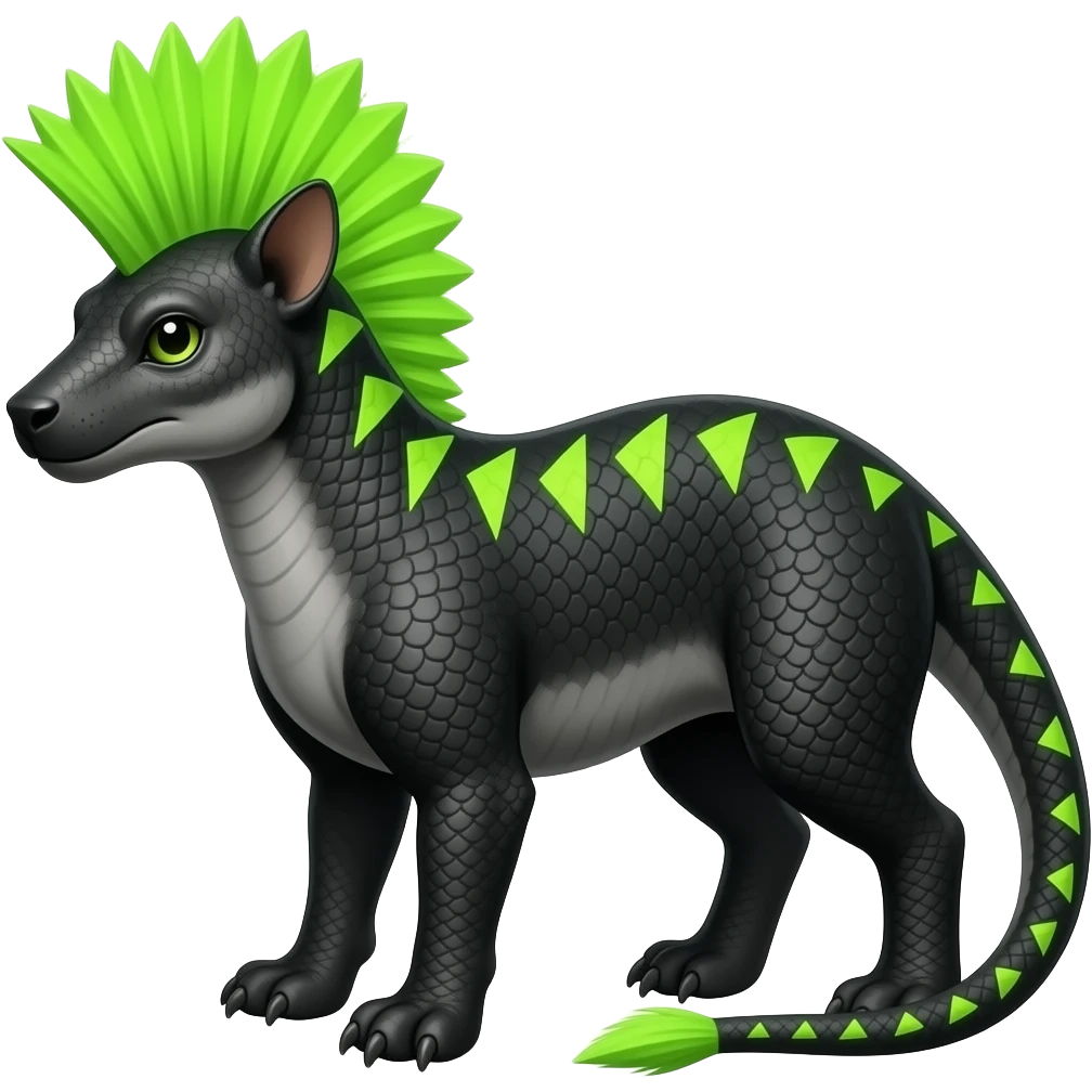 Cool edgy ancient black-scaled with neon-green triangular stripe markings digitigrade vintage futuristic raptorik fantasy-Cyberpunk-Steampunk-Solarpunk-Genesect-Salamence-Tyranitar-Brony-Vernid-Fionbri-Fakémon-animal-hybrid, with neon-green Mohawk, full body emoji