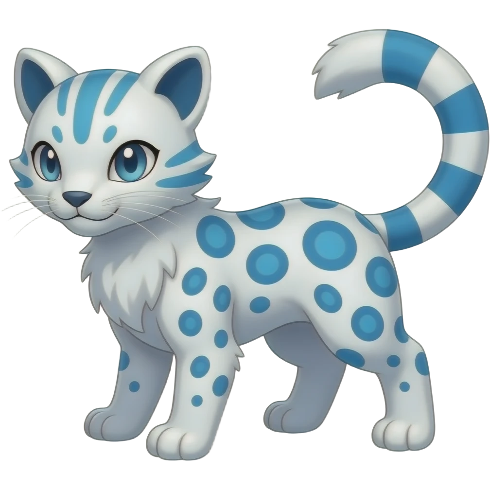 Colorful Meloetta-Sergal-Snow-Leopard-Civet-Genet-Pokémon-Digimon-Fakémon-fusion-hybrid-creature with Cyan stripes and blue leopard-spot-markings emoji