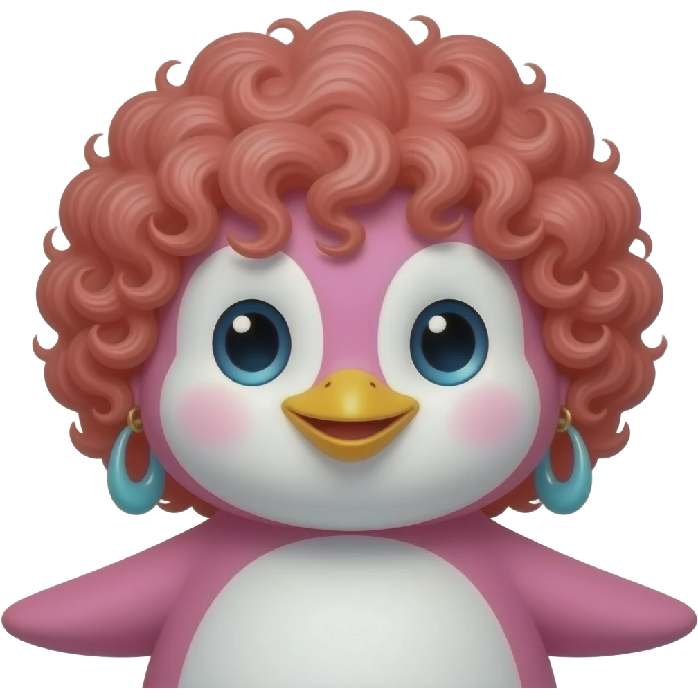 pink penguin with curly red hair and big earrings, just face emoji