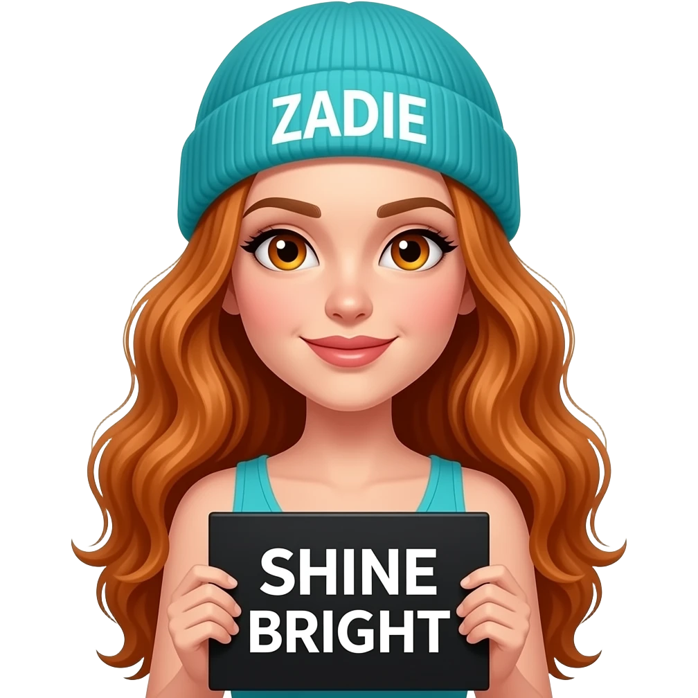 sexy girl with overlong wavy ginger hair and ginger eyes wearing a turquoise tanktop and a turquoise beanie with ZADIE written on it, is holding a black sign with SHINE BRIGHT written on it emoji