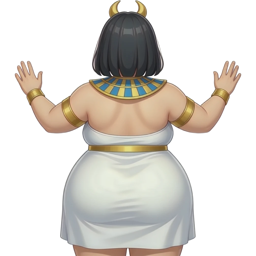 Anime extremely fat big booty pale female creature cosplaying Egyptian girl showing back her buttocks with putting her hands behind the wall with her white dress emoji