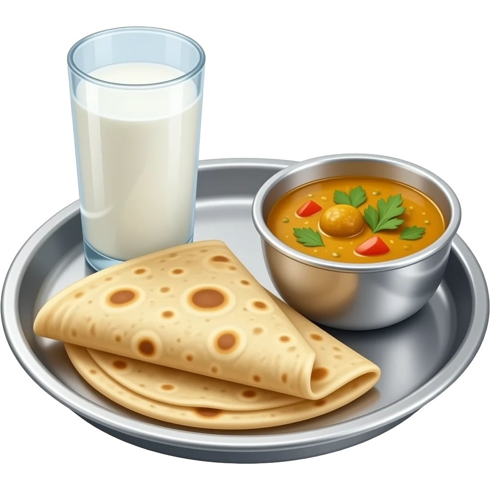 A stainless steel plate , having 2 rotis , 1 bowl of curry, one glass of buttermilk emoji