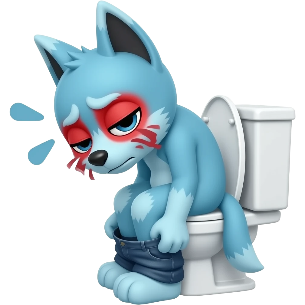 blue fursuit sitting on toilet, side view , pants down, pushing, eyes closed, straining and red  face emoji