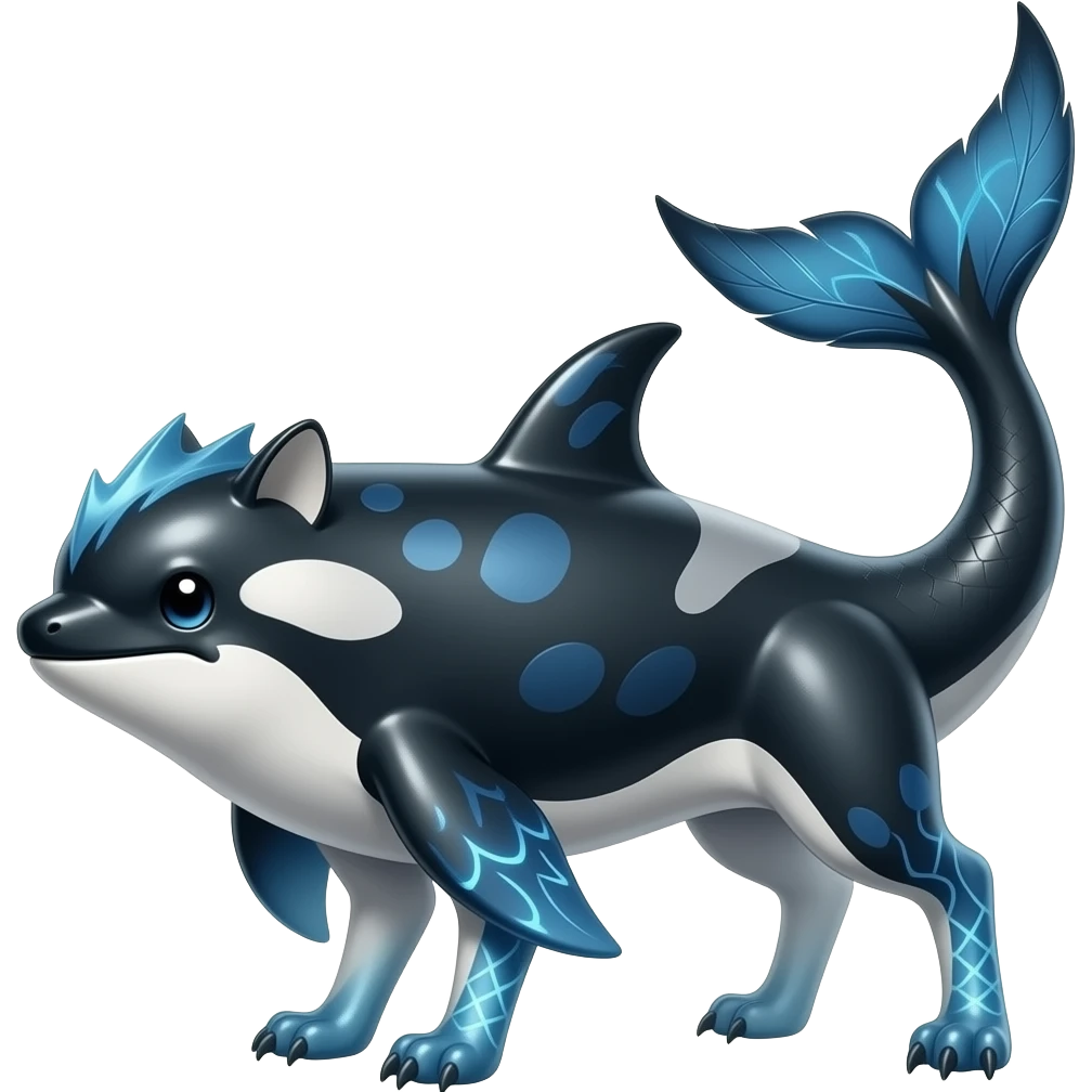 Tough realistic glossy feathery oily smooth Quadrupedal digitigrade shiny glossy smooth finned frilled gothic tall slim unique epic legendary shiny edgy cool cyberpunk-solarpunk-fantasy-Sharpedo-Sceptile-Sprigatito-Flyogn-Vaporeon-Electrike-Fakémon-hybrid with an orca tail emoji