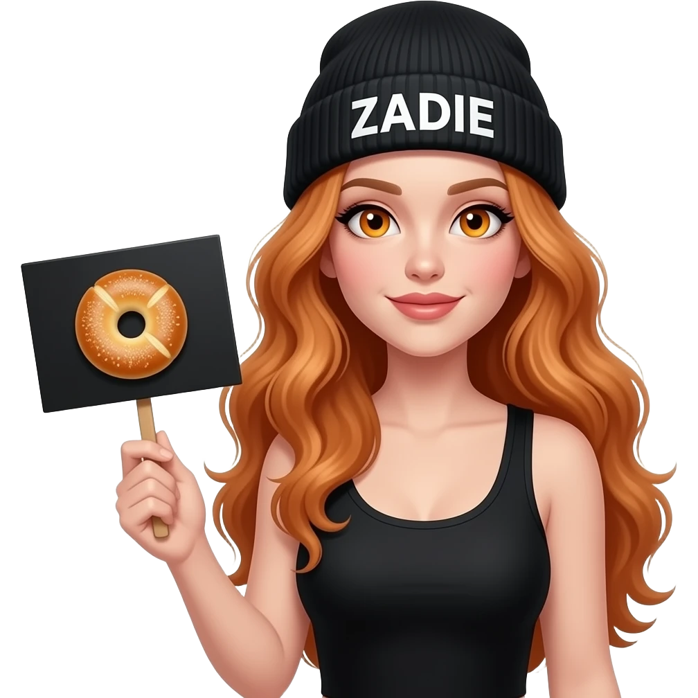 sexy girl with overlong wavy ginger hair and ginger eyes wearing a black tanktop and a black beanie with ZADIE written on it, is holding a black sign with 🥯 on it emoji