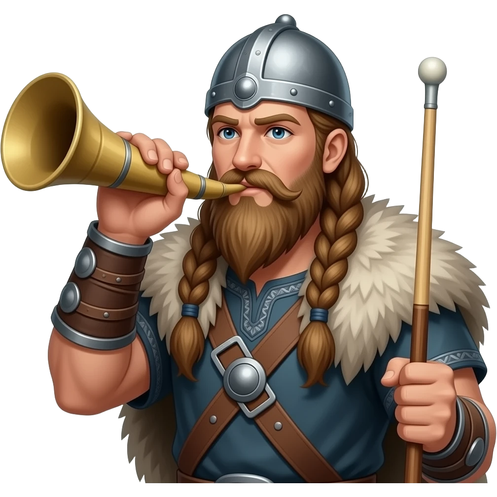 Illustrated  Viking blowing a large horn holding a biiard cue emoji