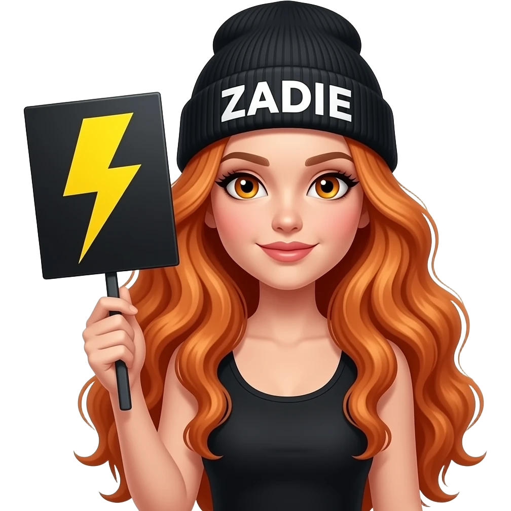 sexy girl with overlong wavy ginger hair and ginger eyes wearing a black tanktop and a black beanie with ZADIE written on it, is holding a black sign with 🌩️ on it emoji