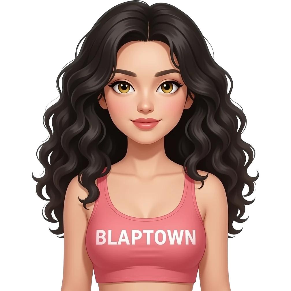 sexy Asian girl with sexy curly black hair and gold eyes wearing a light light red sexy top with BLAPTOWN written on it emoji