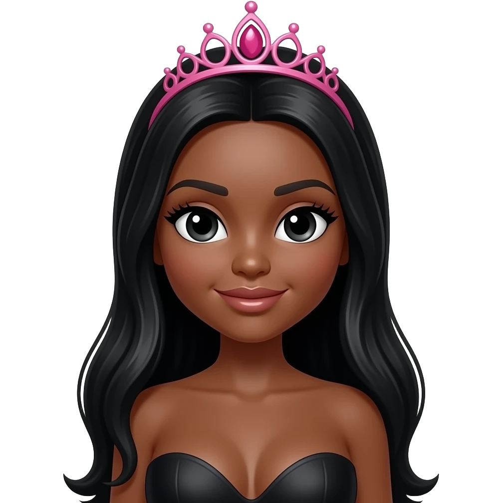 pink tiara, doll eyes, Doll, big chest, dark brown skin, with middle part long black hair, black cute eyes, with cute lip, without no bra emoji