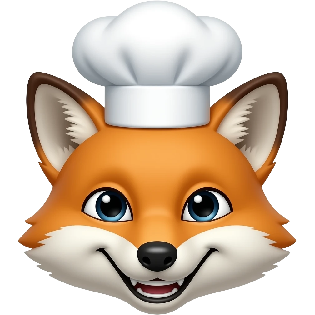 Feral Kitchen & Lounge: 3D emoji style, glossy surface, soft shadows, white background, centered, no text, wild fox character, chef hat, mischievous grin emoji
