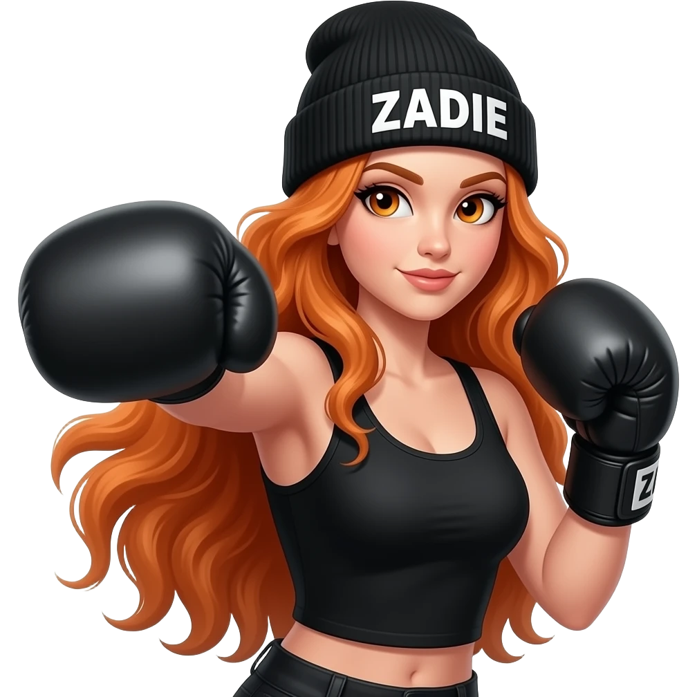 sexy girl with overlong wavy ginger hair and ginger eyes wearing a black tanktop and a black beanie with ZADIE written on it,  is boxing emoji
