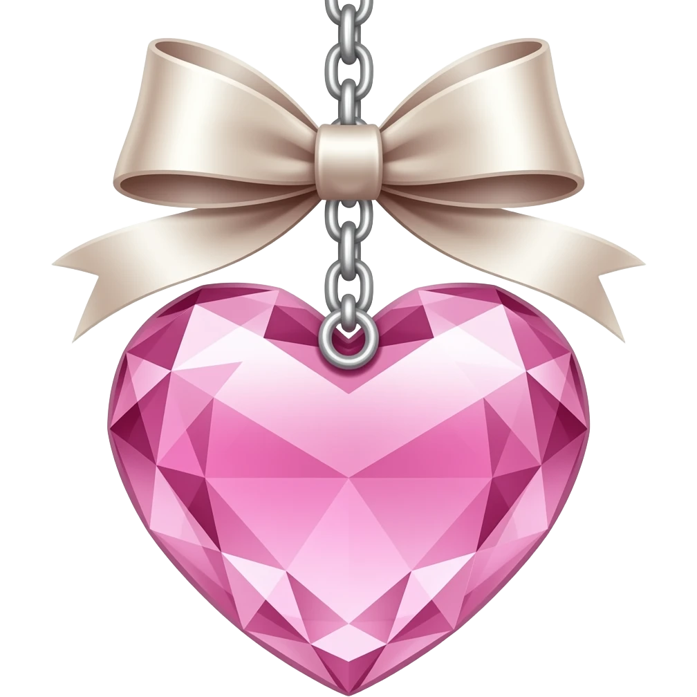 A pink crystal heart **suspended by a silver chain** underneath a ribbon bow. emoji