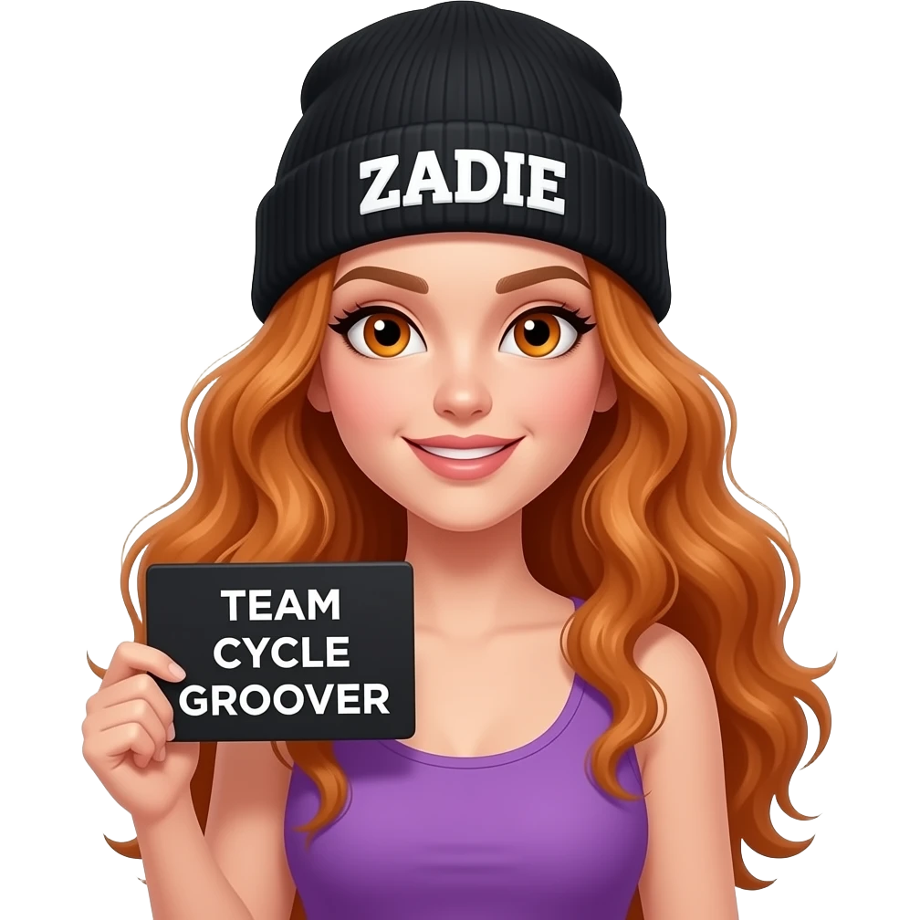 sexy girl with overlong wavy ginger hair and ginger eyes wearing a purple tanktop and a black beanie with ZADIE written on it, is holding a black sign with TEAM CYCLE GROOVER written on it emoji