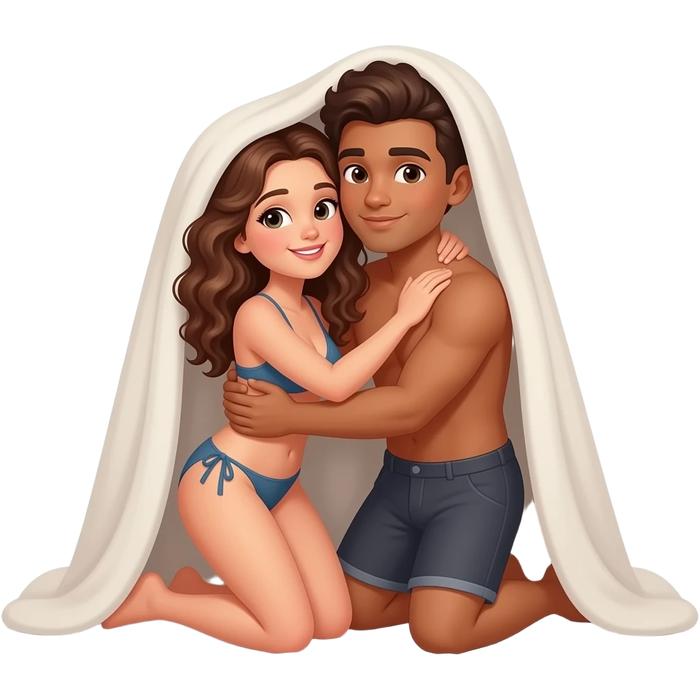 A couple cuddling under blanket wearing underwear and bikinispooing position in bed, girl is with curly hair and boy is briwn skin emoji