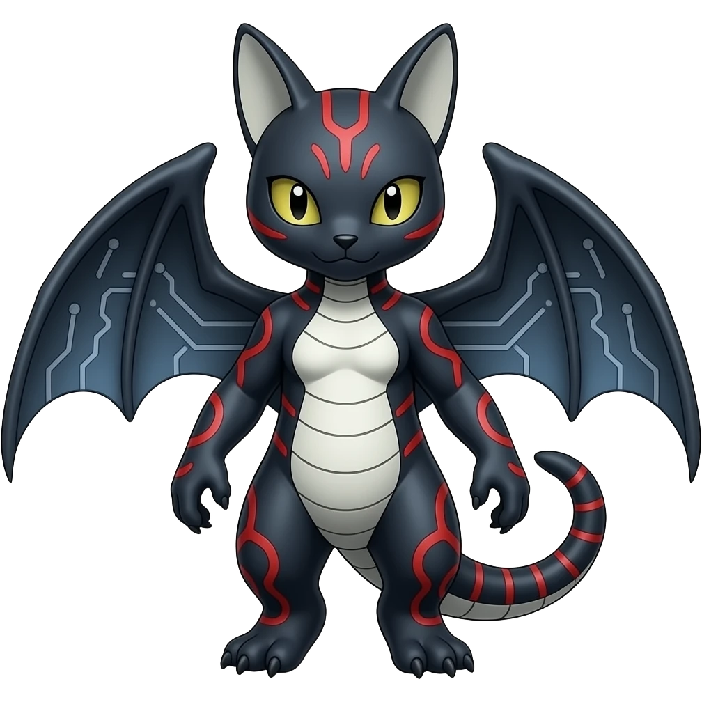 midnight blue-gray-black, with red markings, white belly, scaley Bastet-Salandit-Noibat-Digimon-Fakémon-Pokémon-creature (full body) emoji