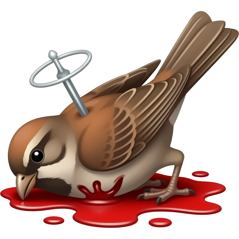A 2D render iPhone emoji icon of a detailed Brown and red color of a dead songbird pinned up with its wings sprawled out and mangled and blood underneath the bird emoji
