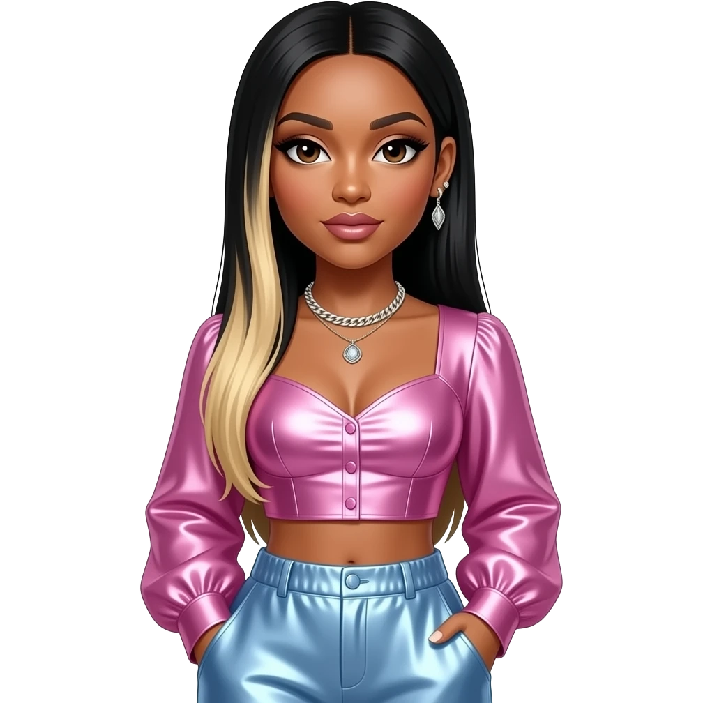 Ciara, R&B Singer with dark brown eyes, long black straight hair with blonde ombre, pink metallic sweetheart blouse, periwinkle metallic baggy pants, necklace and earrings emoji