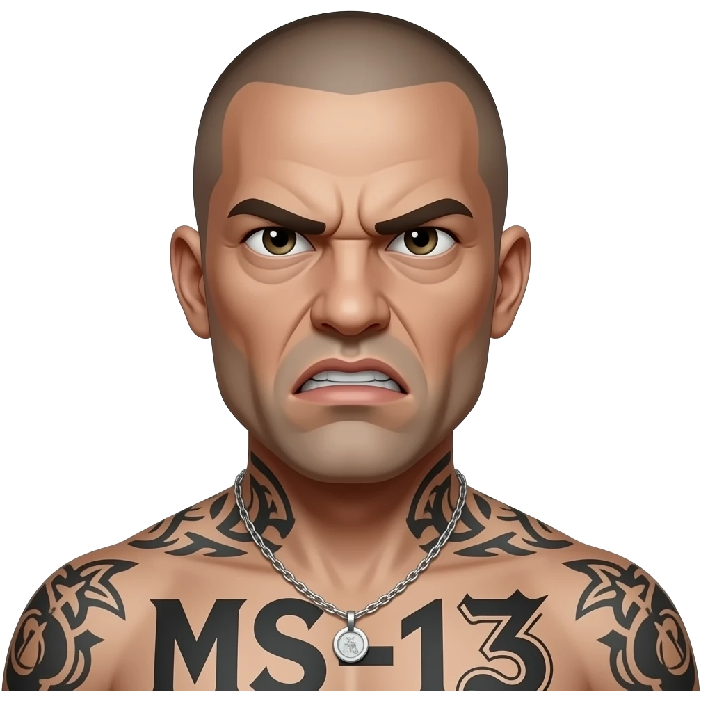 ms-13 member bald with face tats and an angry glare. shirtless emoji