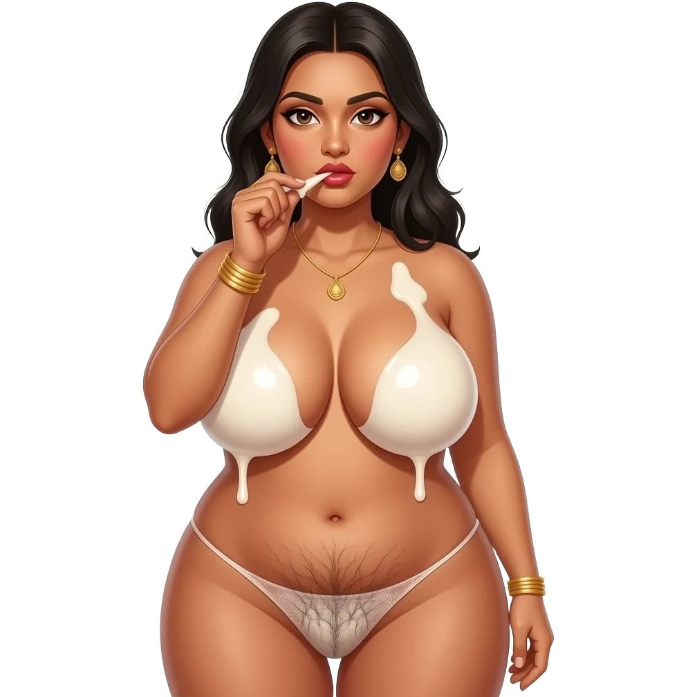 a naked indian woman with big humongous milky tits and hairy pussy, sucking dick emoji