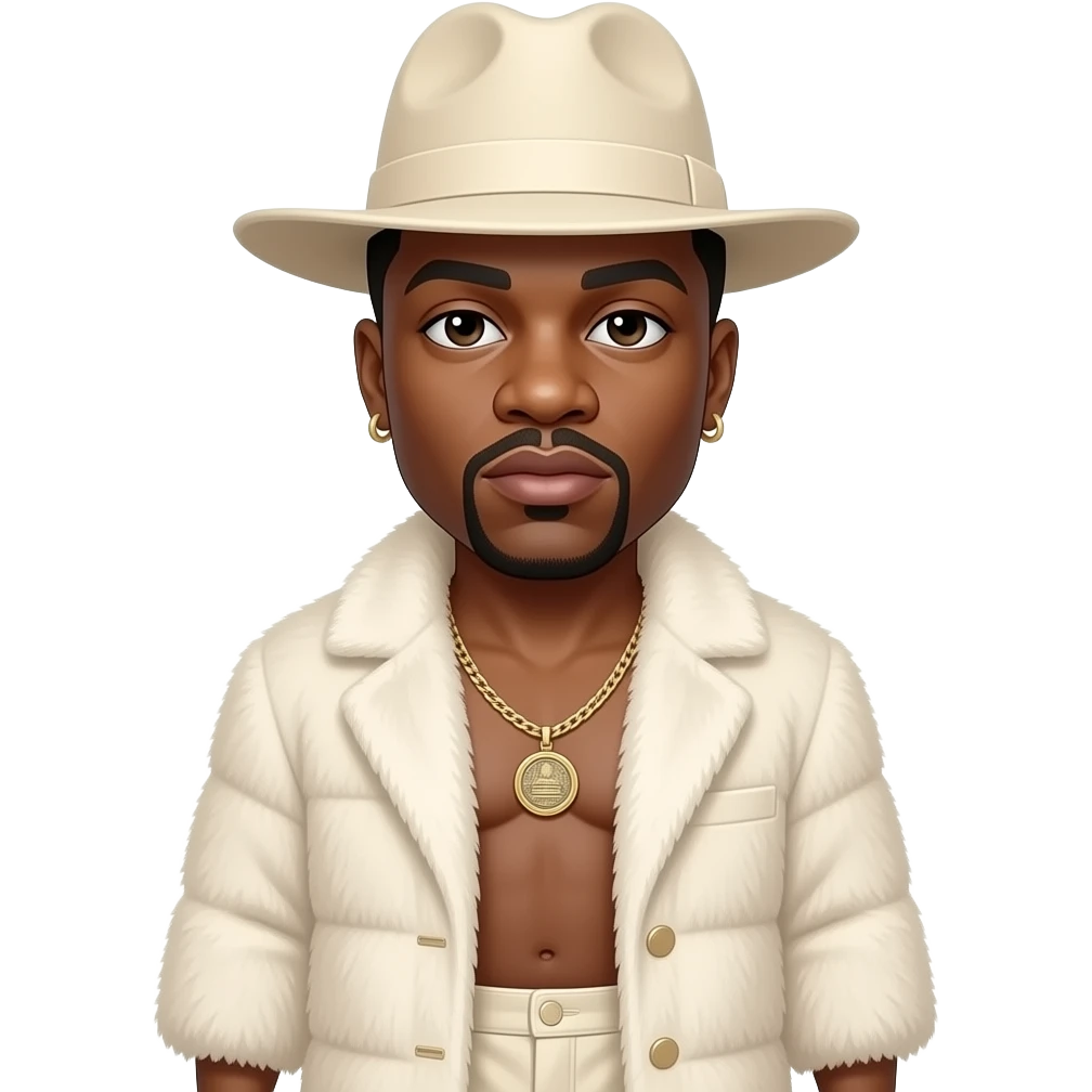The Notorious B.I.G. with dark brown eyes, black buzz cut hair, ivory hat, ivory fur shawl, ivory metallic baggy pants, shirtless with necklace and earrings emoji