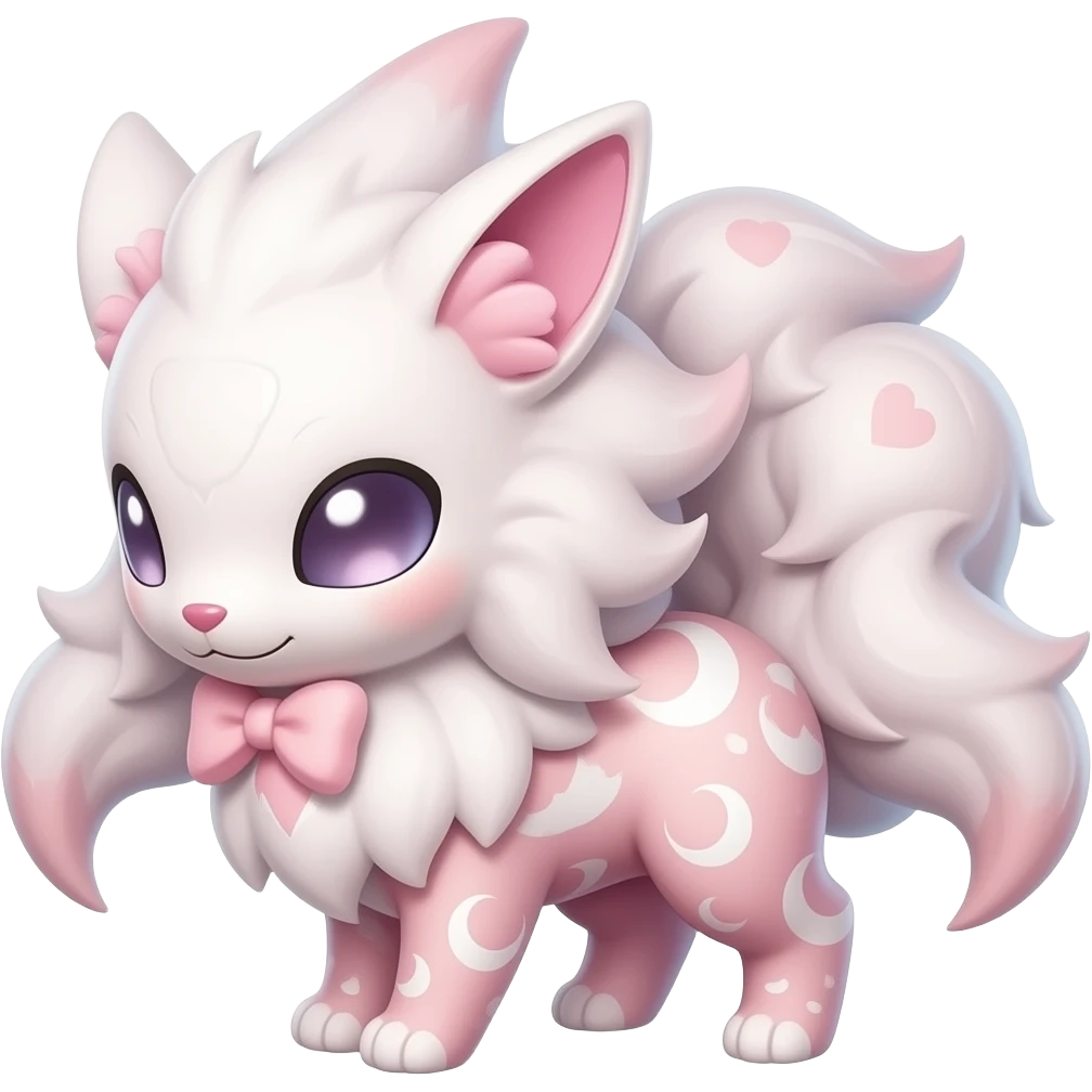 Rosy shiny glossy sparkly romantic pastel damask Absol-Sylveon-Fakemon-hybrid with heart and moon patterns emoji