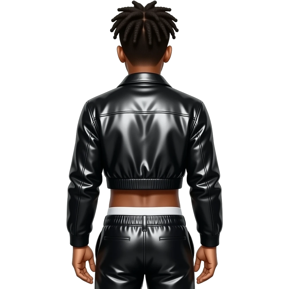 NBA YoungBoy from behind with black metallic jacket crop top, black metallic saggy pants with white undies, shirtless emoji