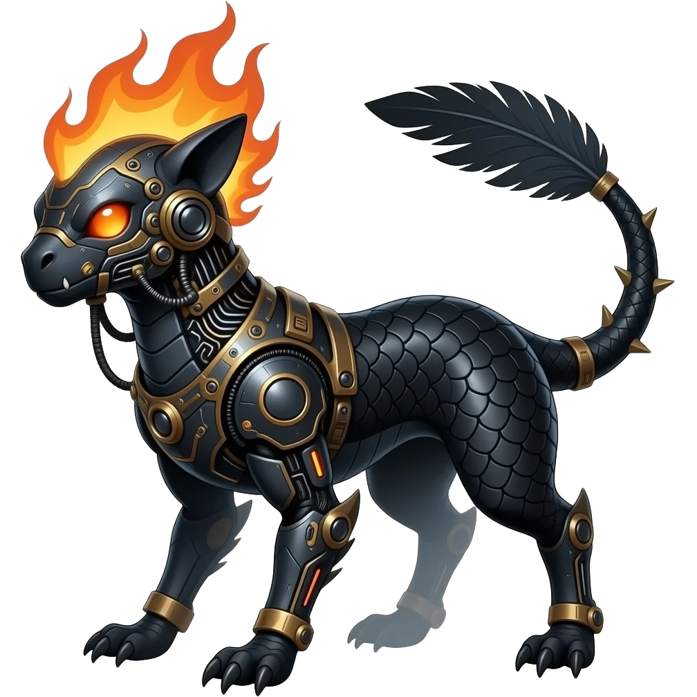 Cool edgy fiery bipedal scaly cybernetic visor-helmeted, Circuitry-patterned black-scaled digitigrade futuristic fantasy-Cyberpunk-Steampunk-Solarpunk-Genesect-Cyclizar-Salandit-Protogen-Fakémon-hybrid, feathery, tail blade, back spikes emoji