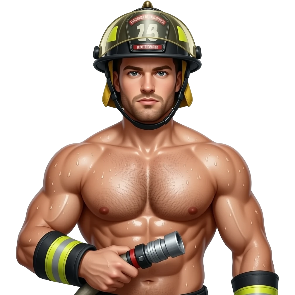 Erstelle ein Portrait von einem muskulösen Oberkörper freien nassen Feuerwehrmann mit Helm, er hat eine behaarte Brust und Bart, seine Brust soll gut mit auf dem Bild zusehen sein und nass glänzen.  Er hat ein Feuerwehr Schlauch in der Hand emoji