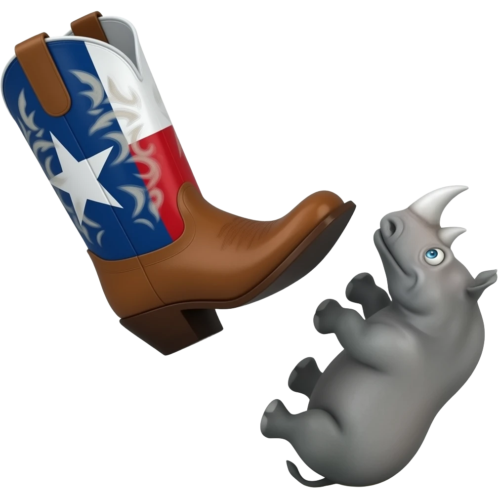 Big texas cowboy boot kicking out a falling rhino emoji