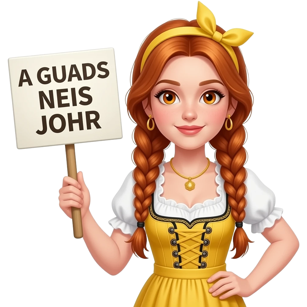 sexy girl with overlong ginger braids and ginger eyes wearing a yellow dirndl and a yellow headband with ZADIE written on it, is holding a sign with A GUADS NEIS JOHR written on it emoji