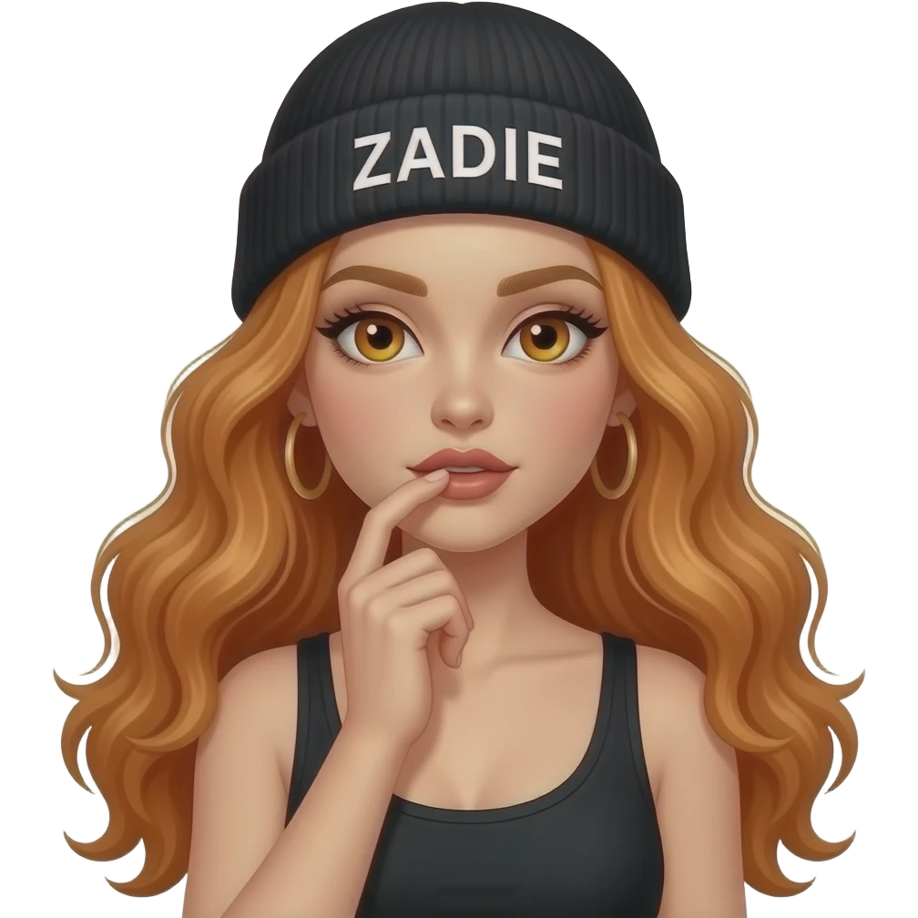 sexy girl with overlong wavy ginger hair and ginger eyes wearing a black tanktop and a black beanie with ZADIE written on it, is putting her hand to her mouth emoji