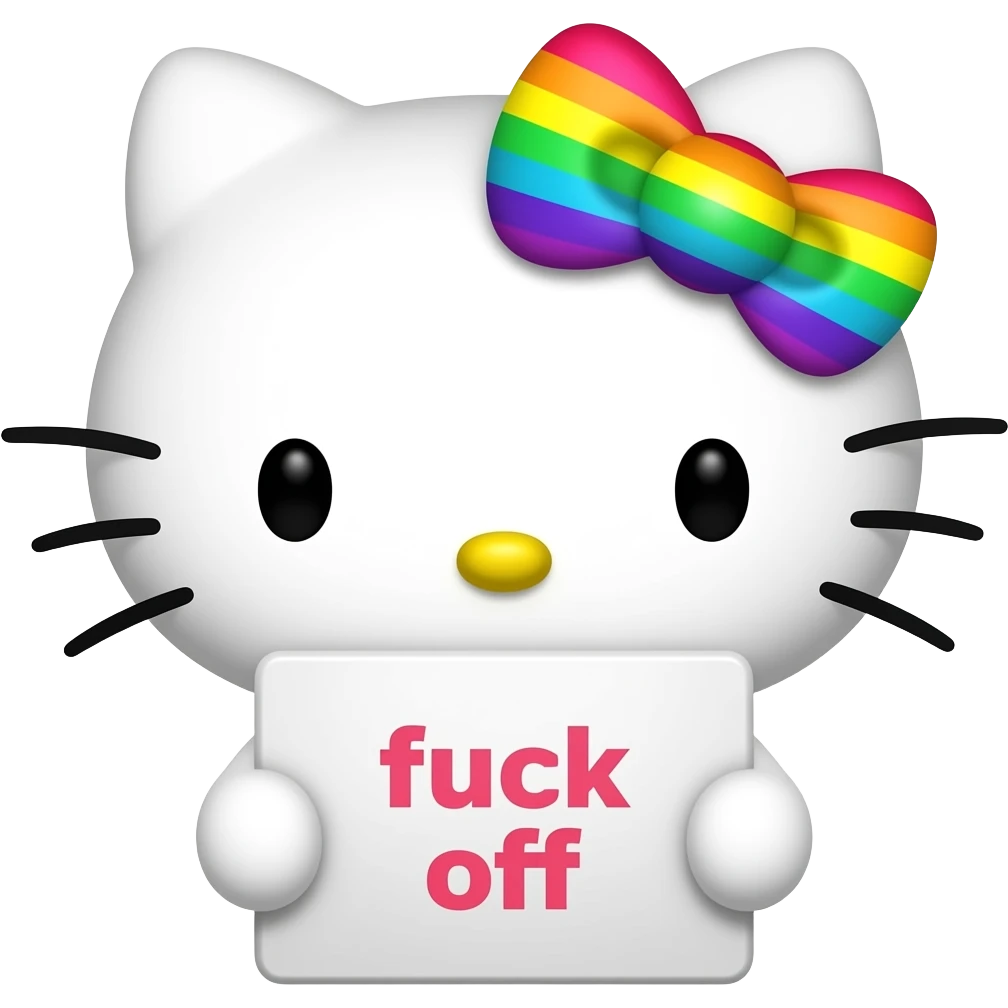 hello Kitty head with rainbow colored bow with with front paws holding a sign with the name fuck off emoji
