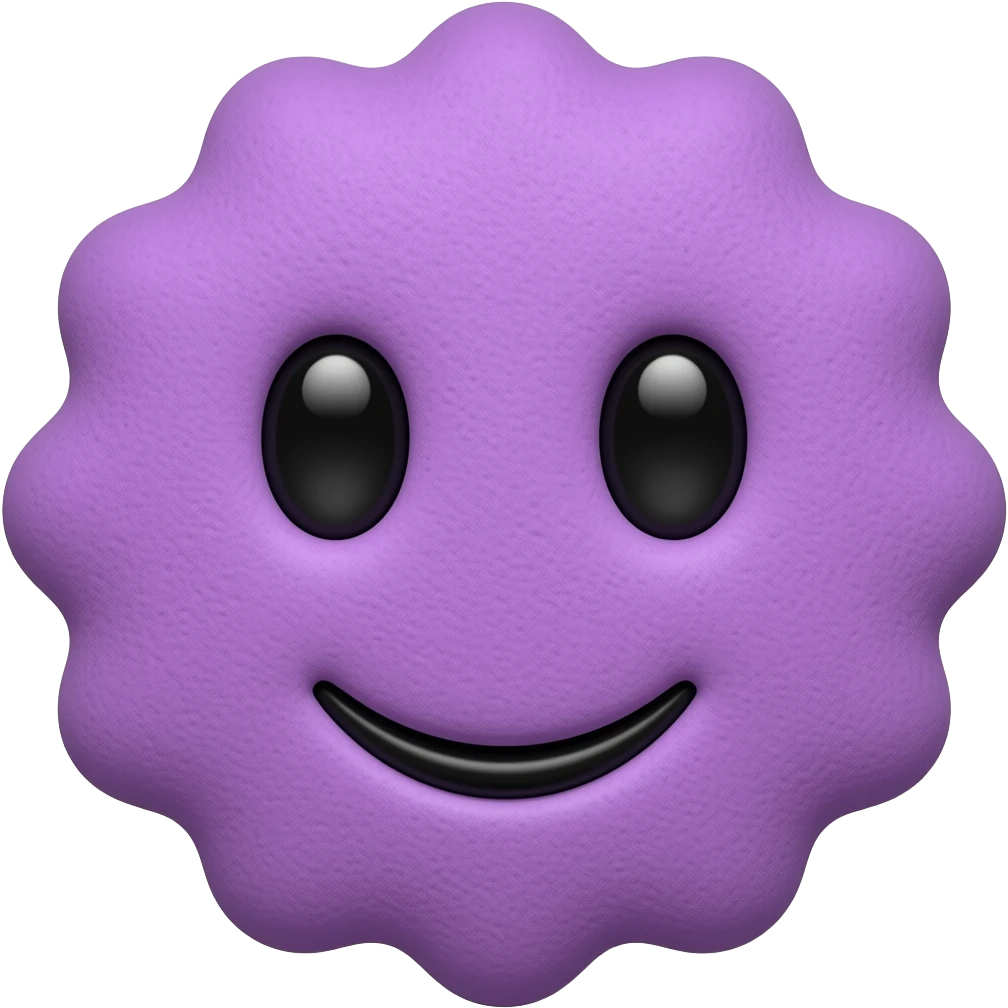 A purple cookie with black eyes and a black smile emoji