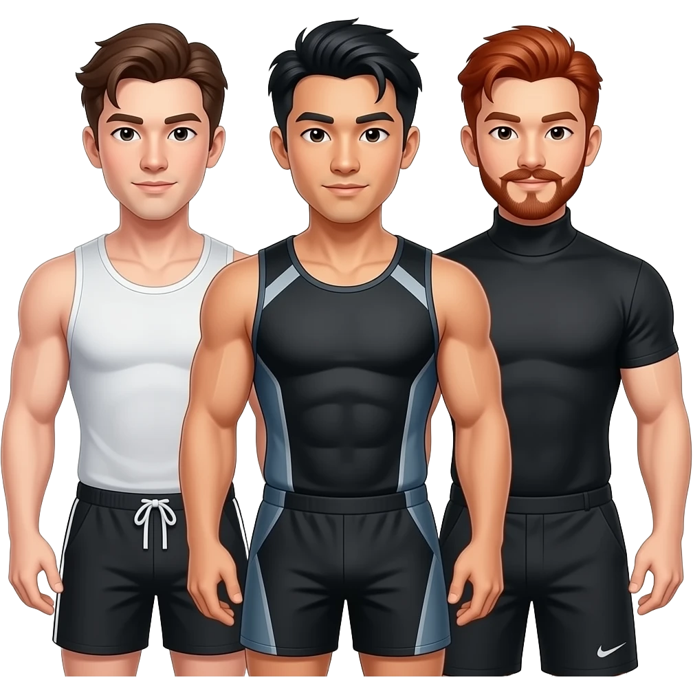 Gay throuple, one white guy with brown hair in a tank top and very short shorts, one muscular Asian man with great hair in a gym outfit, and one redhead with a mustache in a turtleneck emoji