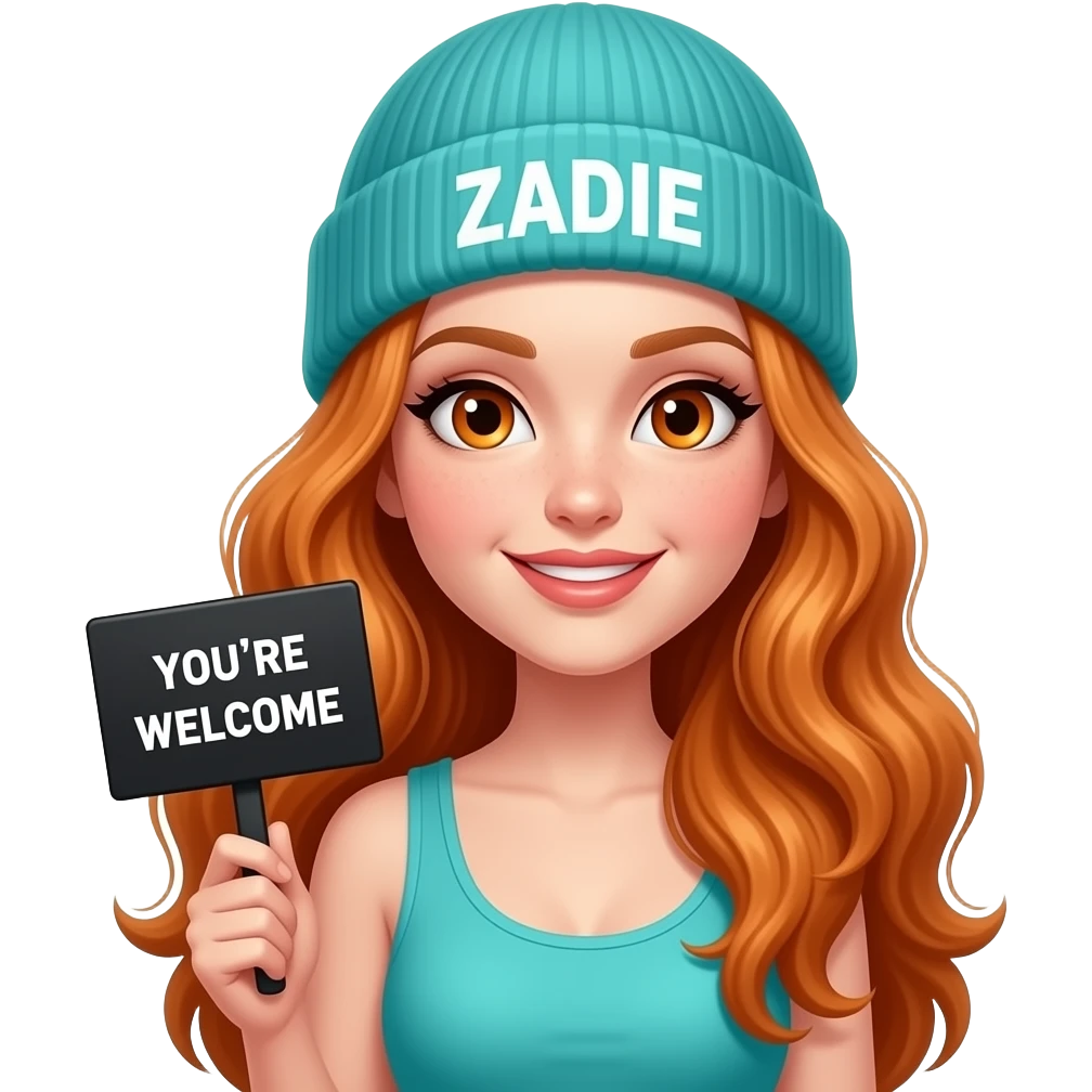 sexy girl with overlong wavy ginger hair and ginger eyes wearing a turquoise tanktop and a turquoise beanie with ZADIE written on it, is holding a black sign with YOU'RE WELCOME written on it emoji