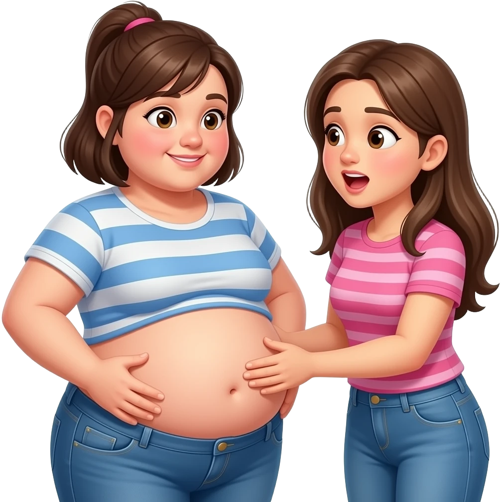 A meeting with to girls,After a great long lunch,one girl is full & fat,her bellybutton peeking out,her big belly is getting noticed,so other girl was impressed and eagerly touching the one overfed girl’s bloated belly. emoji