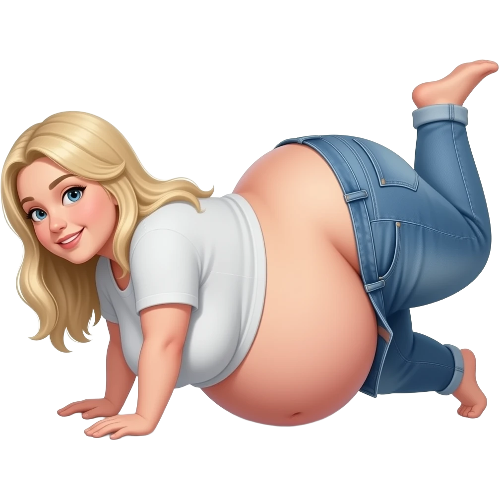 A girl with a huge bloated belly, side view, extremely big belly, gigantic belly fallig over her pants, blonde white girl, gigantic round boobs, massive ass, low waisted jeans emoji