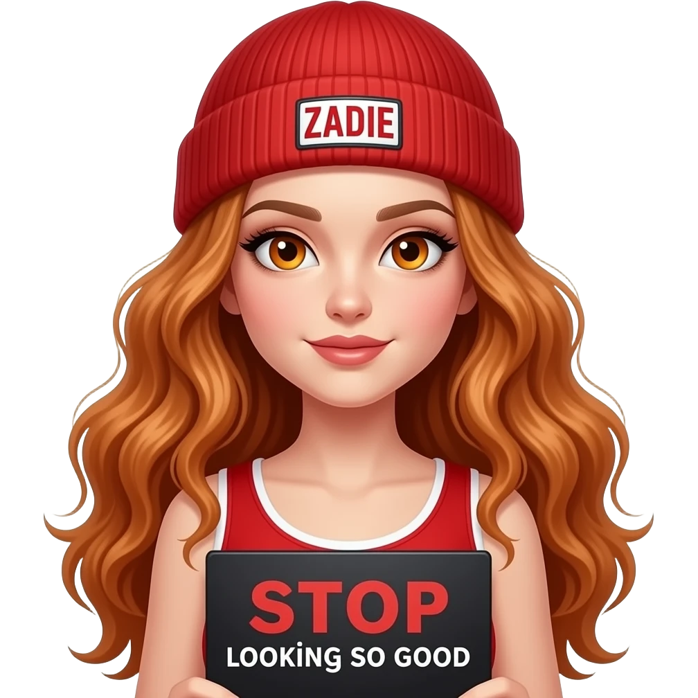 sexy girl with overlong wavy ginger hair and ginger eyes wearing a red tanktop and a red beanie with ZADIE written on it, is holding a black sign with STOP looking so good written on it emoji