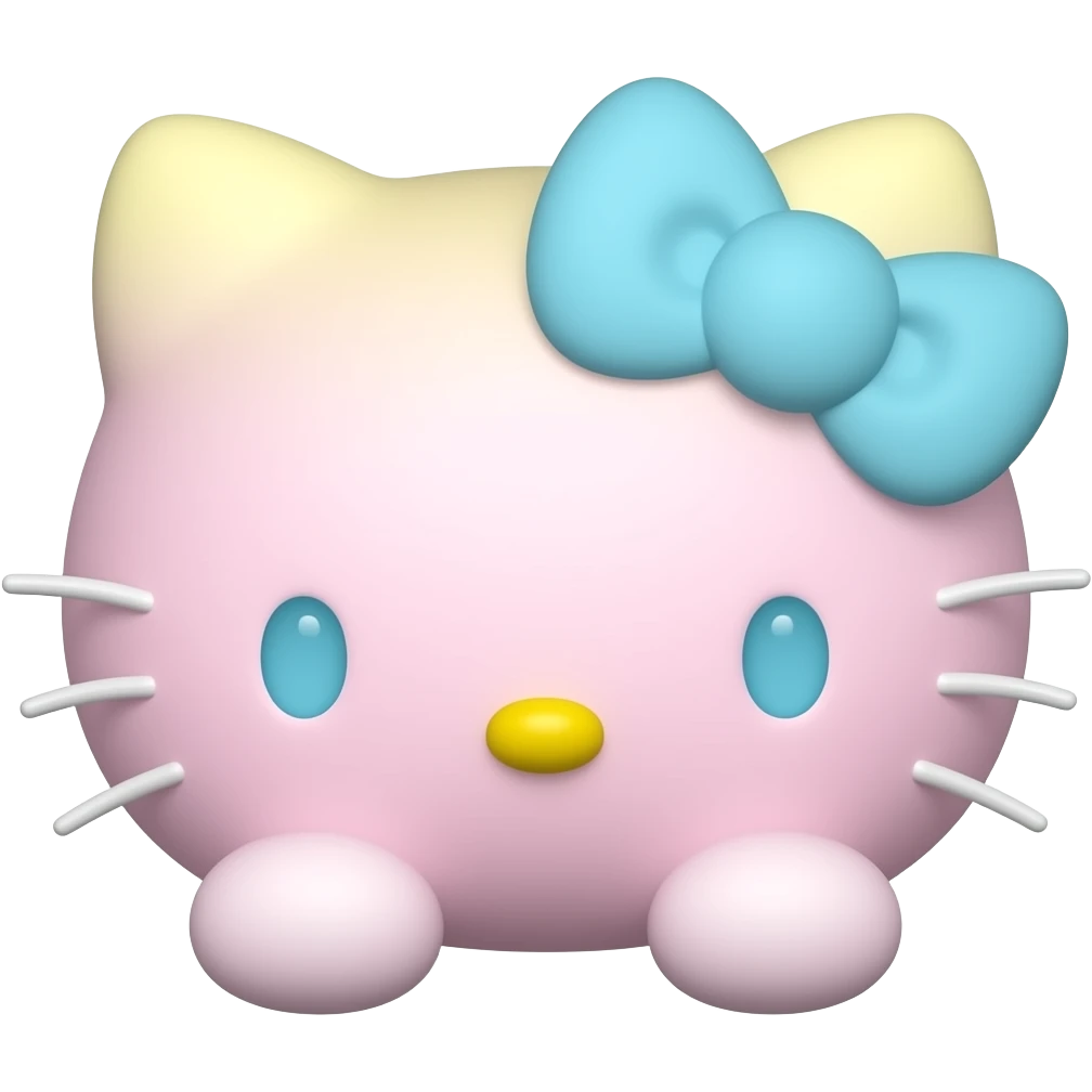 Pastel pink yellow and blue colored hello Kitty head with light blue eyes and nose and white whiskers and a blue bow with front paws emoji