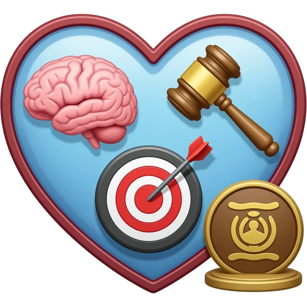 make me a outlined heart with a brain and judge hammer inside with color put the hammer in the heart and make the brain smaller make the brain smaller and put the hammer on  one side and the brain on the other and add the thing the hammer hits son why is it a target add the judge circle thing emoji