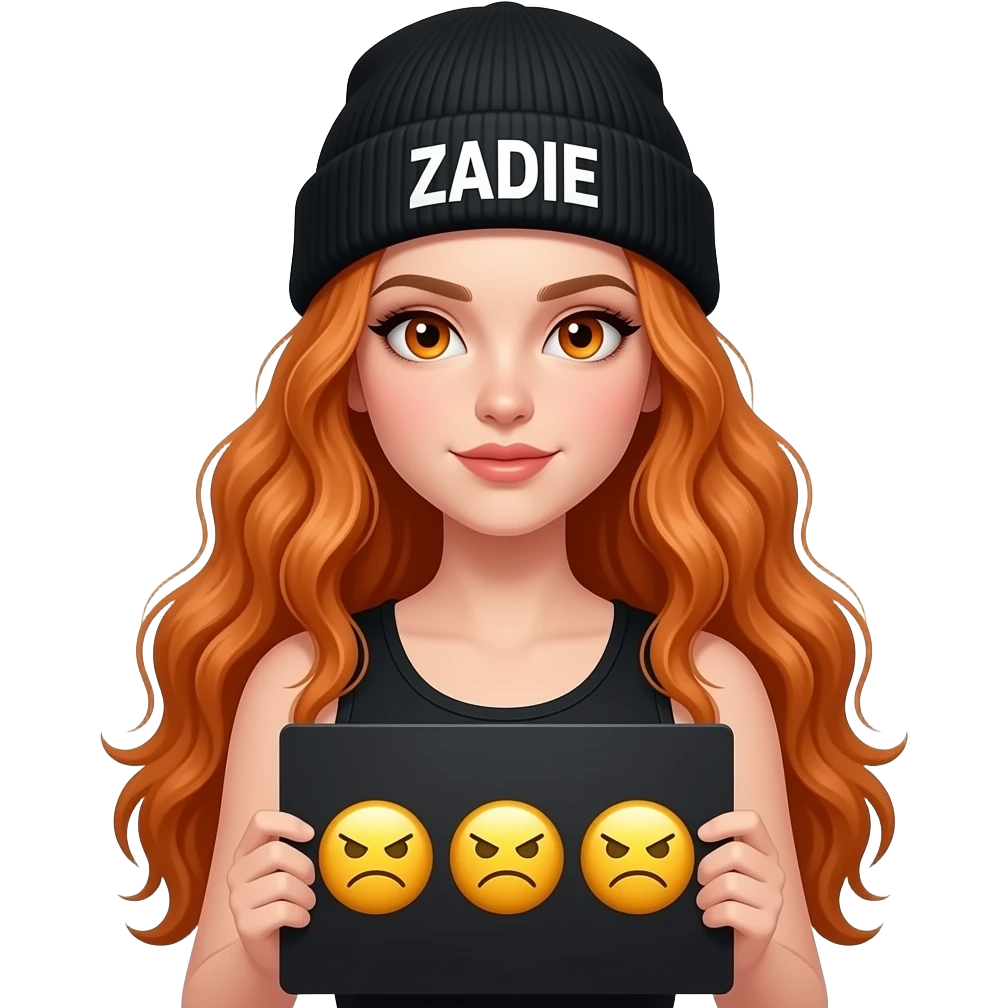 sexy girl with overlong wavy ginger hair and ginger eyes wearing a black tanktop and a black beanie with ZADIE written on it, is holding a black sign with 🤬🤬🤬 on it emoji