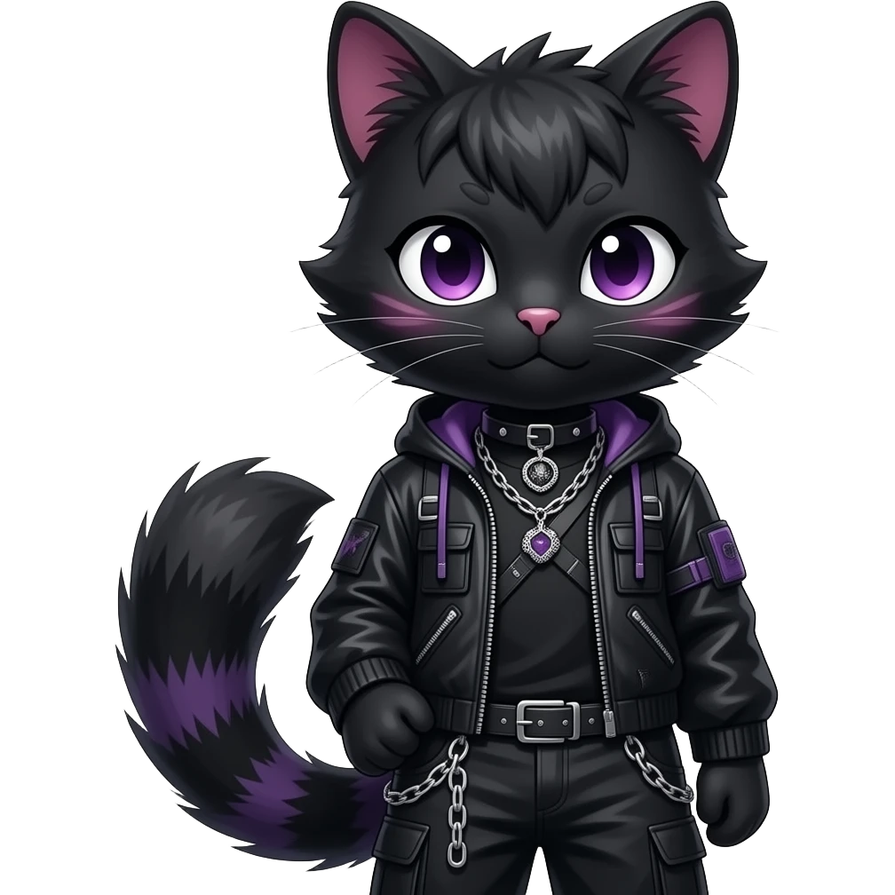 Gorgeous furry gothic dark techwear anime style anthro black cat furry sona Fakemon with blushing face aesthetic and pretty edgy black with violet collar and harness trending style chains cargo pants tomboy emoji