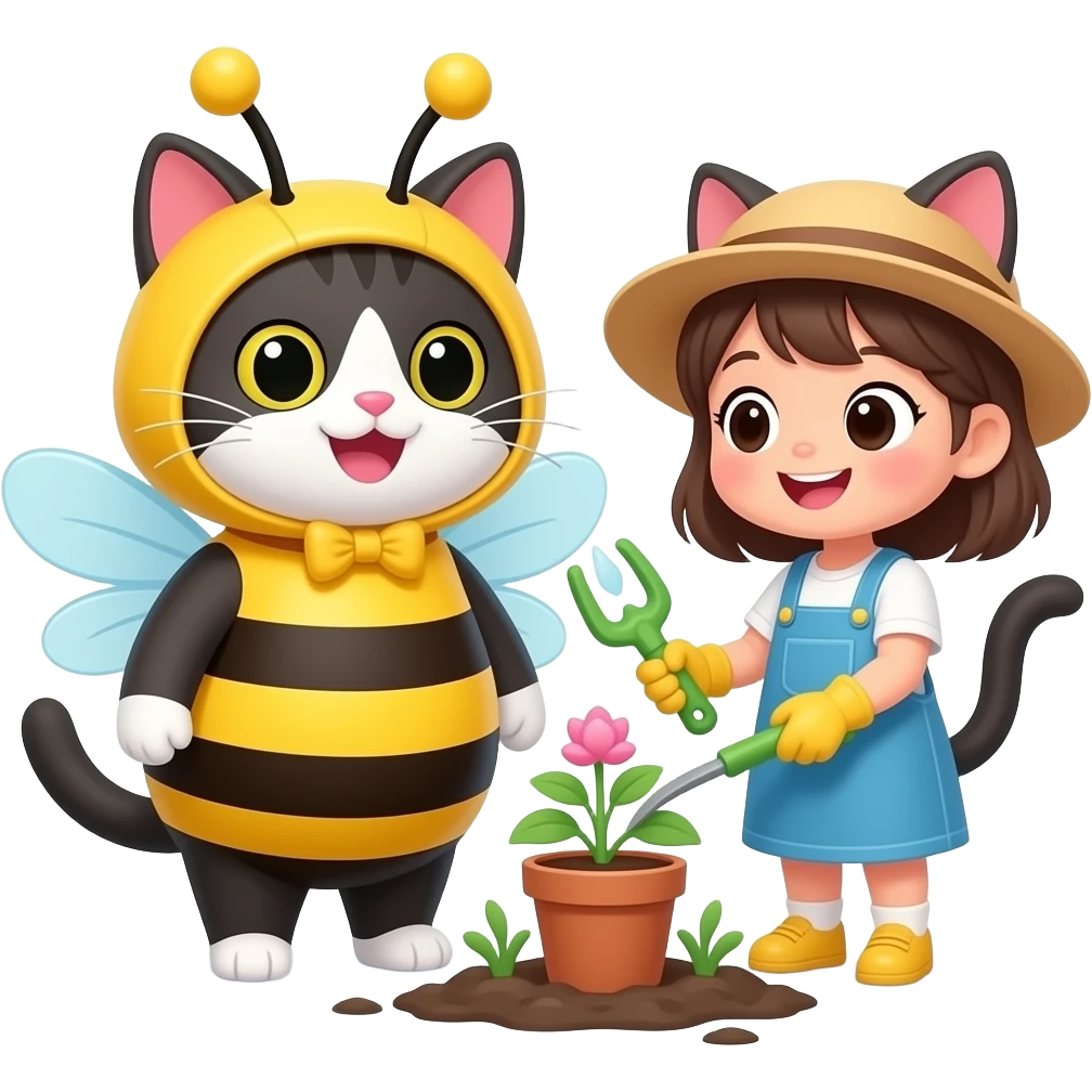 a happy cat dressed as a bee and a happy girl cat gardening emoji