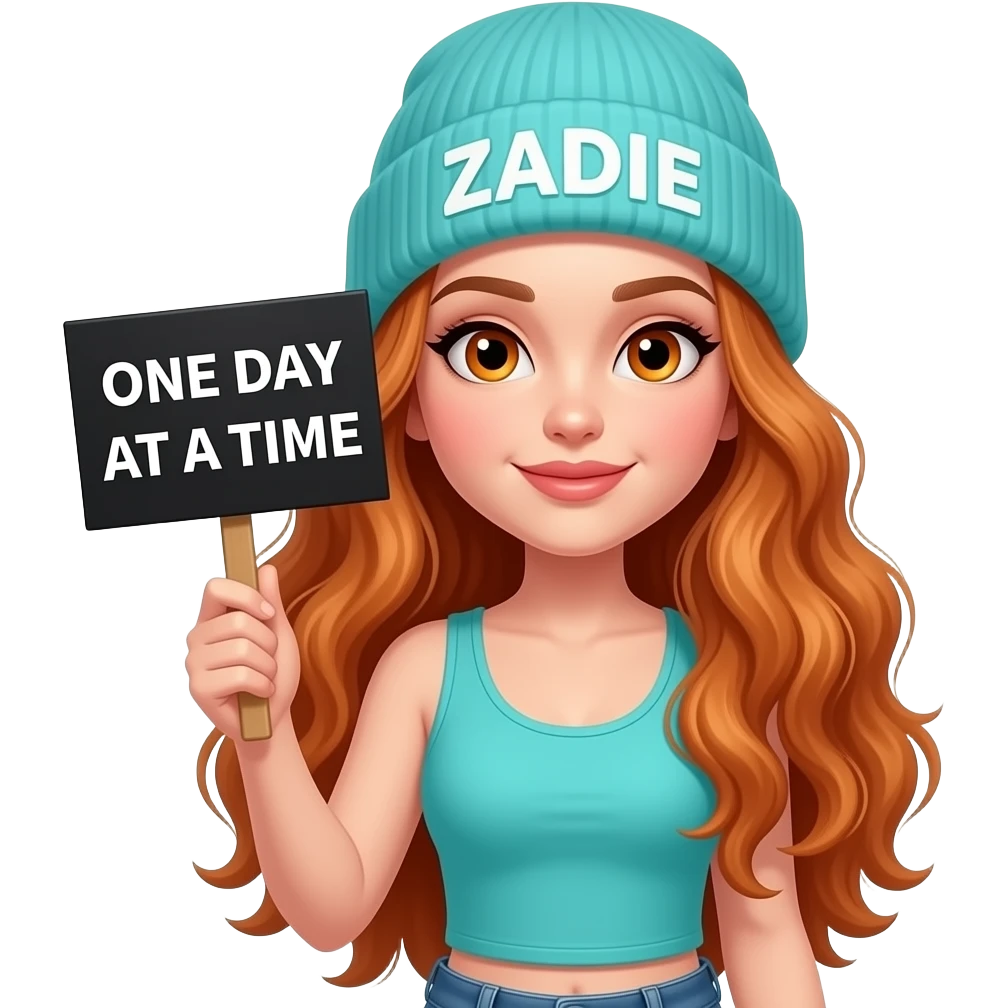 sexy girl with overlong wavy ginger hair and ginger eyes wearing a turquoise tanktop and a turquoise beanie with ZADIE written on it, is holding a black sign with ONE DAY AT A TIME written on it emoji