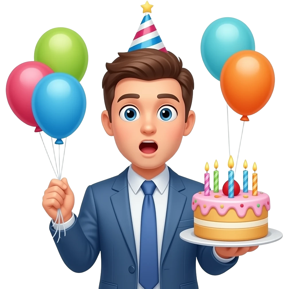 Suprised emoji with ballons and a cake emoji