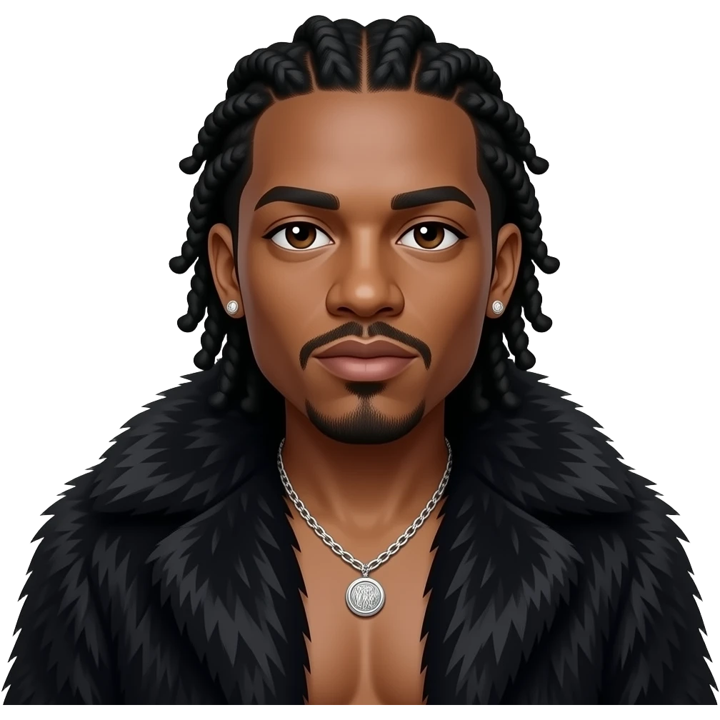 Bizzy Bone from Bone Thugs-N-Harmony with brown eyes, long black hair, black fur shawl, black metallic baggy pants, shirtless with necklace and earrings emoji