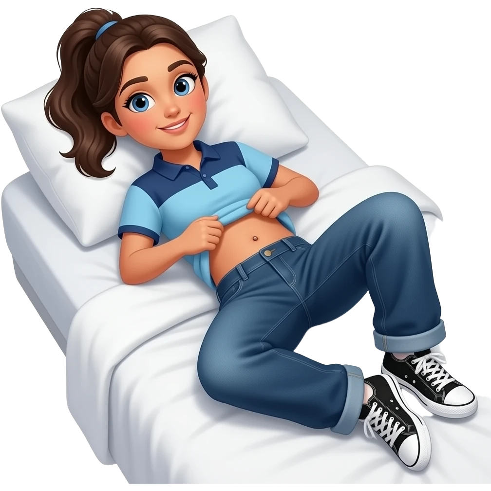 Hispanic girl with brown ponytail and blue eyes light blue and dark blue polo and dark blue baggy jeans and white and black sneakers and belly button laying down on her pillow on her bed lifting her shirt doing a belly rub emoji